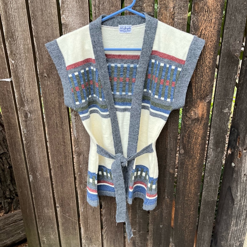 Vintage Tie Waist Multicolored Cardigan Sweater Vest Sz 00/XXS